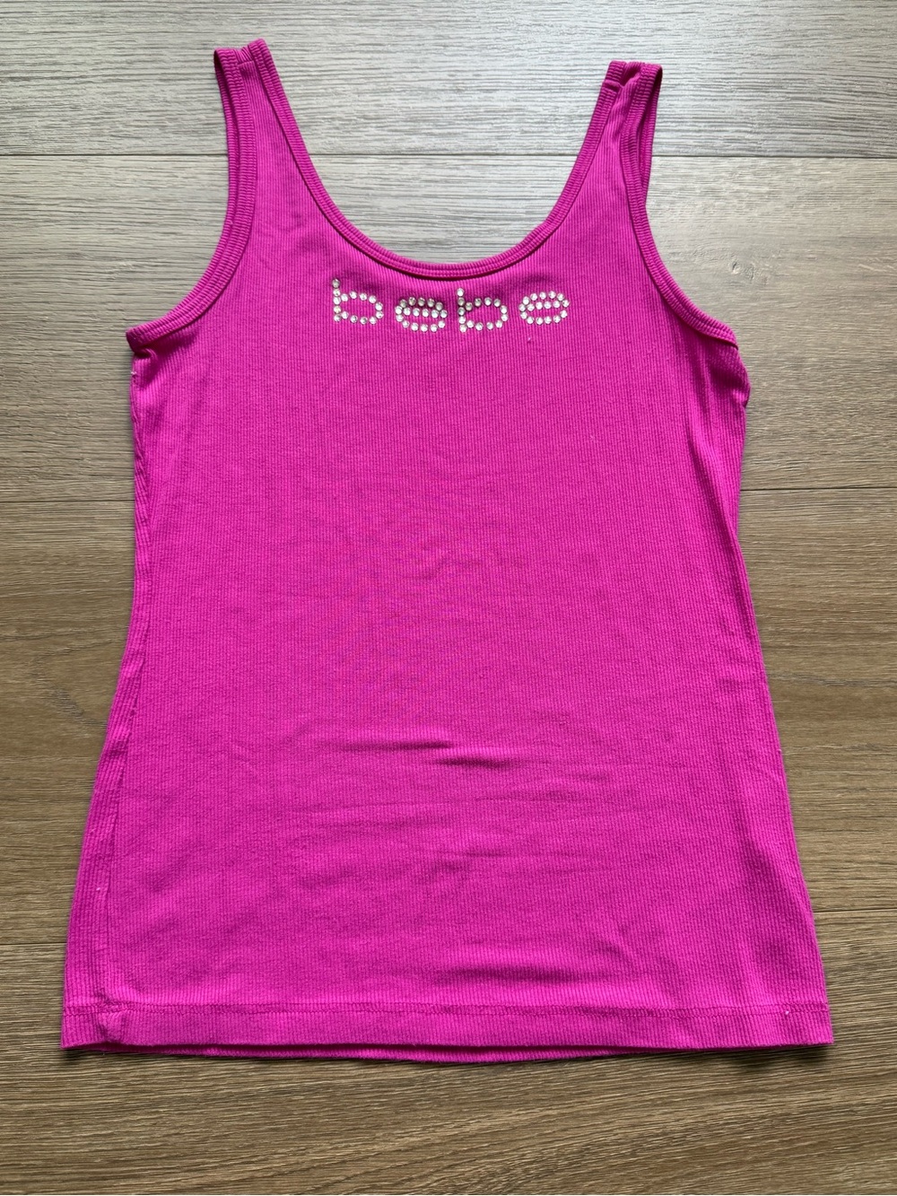 bebe Fuchsia Rhinestone Logo Ribbed Tank